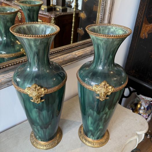 Large pair of mottled green glazed vases