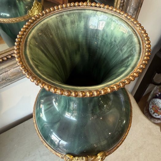 Large pair of mottled green glazed vases