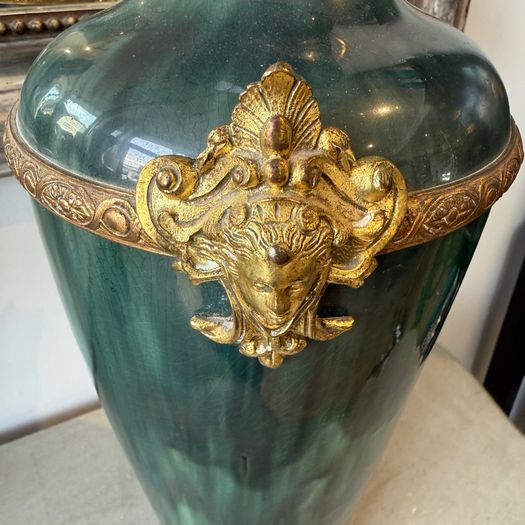 Large pair of mottled green glazed vases