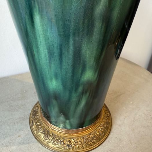 Large pair of mottled green glazed vases