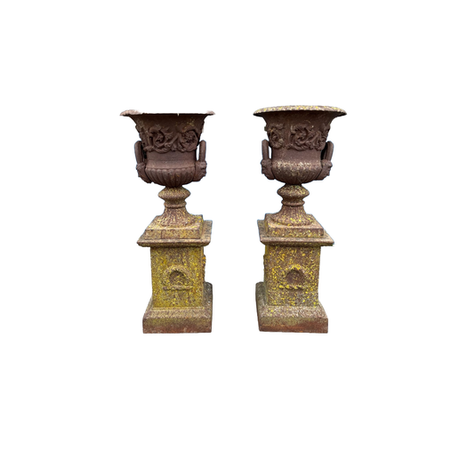 Pair of 19th century cast iron campagna urns on bases