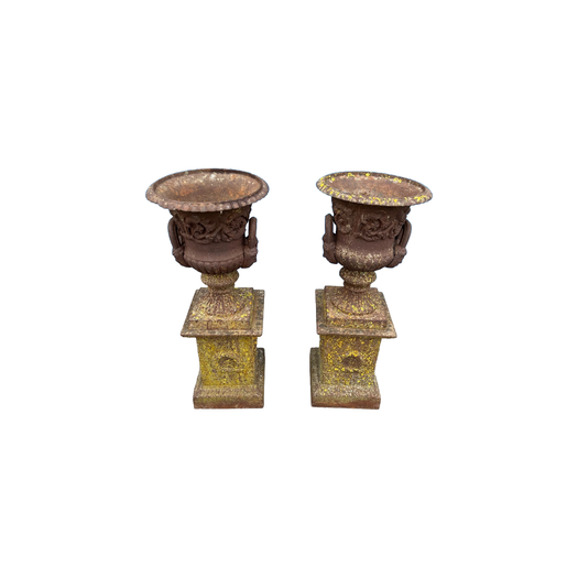 Pair of 19th century cast iron campagna urns on bases