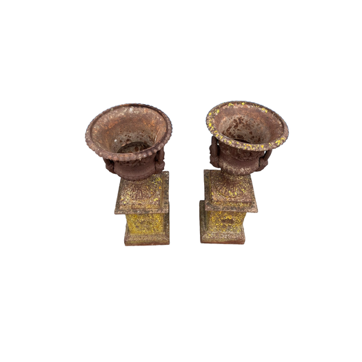 Pair of 19th century cast iron campagna urns on bases