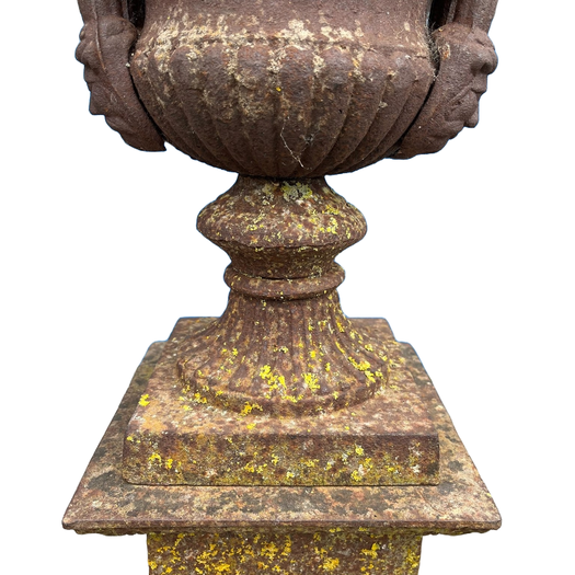 Pair of 19th century cast iron campagna urns on bases