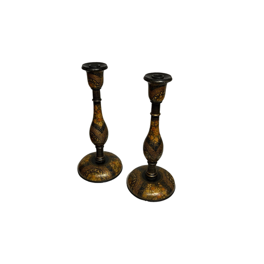 Pair of painted Kashmiri candlesticks