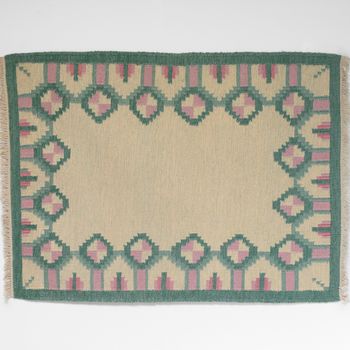 Mid-Century Swedish Kilim in Tones of Green and Pink