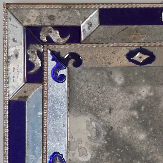 Large Late 19th Century Venetian Clear and Cobalt Blue Mirror