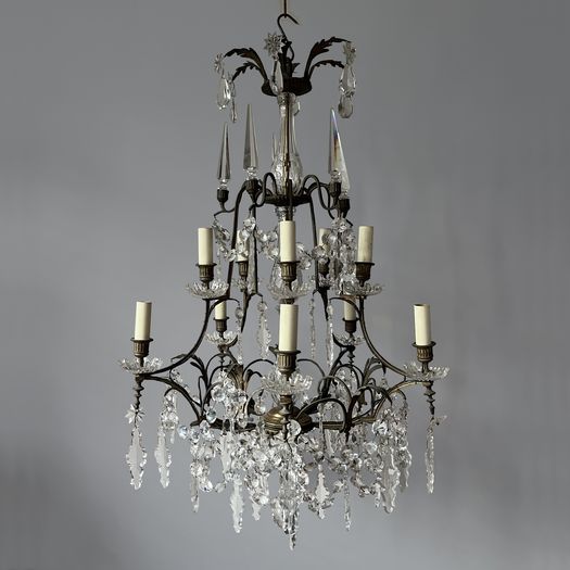 A Large French Baccarat Style Bronze Framed Chandelier