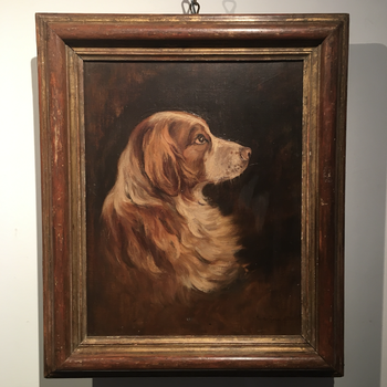 Antique Oil on Canvas Painting of Spaniel Head