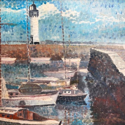 Post-Impressionist harbour lighthouse oil on canvas