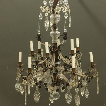 Early 20th C French Cut Glass and Iron 12-Arm Chandelier