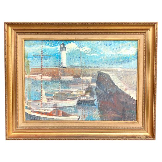 Post-Impressionist harbour lighthouse oil on canvas